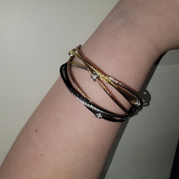 QVC Stainless Steel Multi-Cable Tri-Color Crystal Rolling Bracelet - Picture 6 of 6